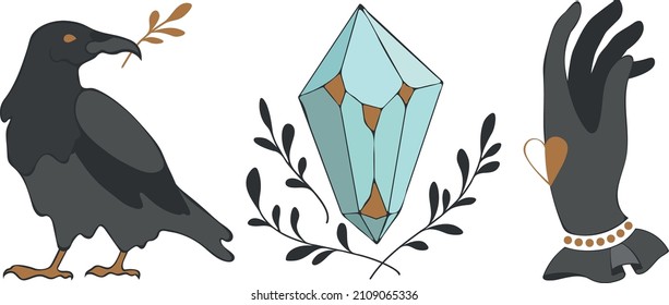 Set with raven, crystal and hand