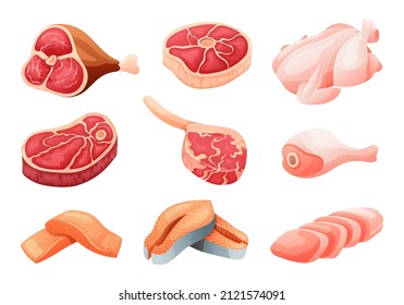 Rind-, Hühner- und Lachskartoon-Illustration