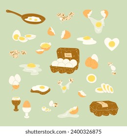 A set of raw and boiled chicken and quail eggs. Broken and whole eggs, with cracked shells, on a stand, fried in a frying pan and in farm packaging. Vector illustration in modern flat style.