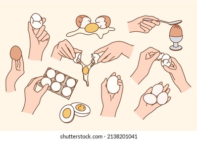 Set of raw, broken and boiled chicken eggs. Collection of whole and crashed white and yolk. Poultry and farming, eco and bio products concept. Flat vector illustration. 