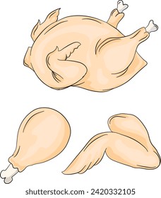 Un conjunto de piezas de pollo crudo. Patas de pollo, alas y pollo pelado entero. Ilustración vectorial de caricatura plana aislada en fondo blanco.