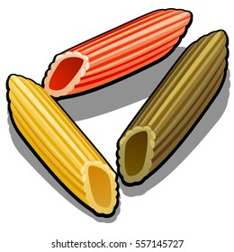 Set of raw colored penne pasta with tomato, spinach and wheat isolated on white background. Macaroni red, yellow and green. Vector illustration close-up.
