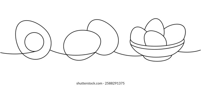 Set of raw eggs one line continuous drawing. Boiled eggs, broken eggshell, omelette, protein and yolk. Vector illustration