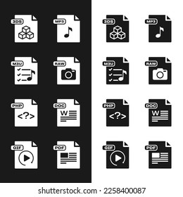 Set RAW file document, M3U, 3DS, MP3, PHP, DOC, PDF and GIF icon. Vector