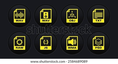 Set RAW file document, TXT, JS, WMA, OBJ and WAV icon. Vector