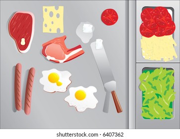 A set of raw food on the range. (meat, tomato and other)