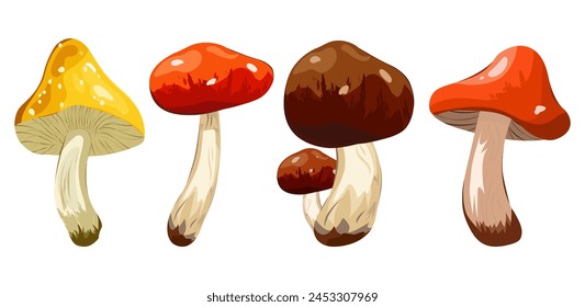  Set of raw forest edible and poisonous mushrooms. Assortment of poster and banner designs for gourmets, diets, cooking. Wild mushrooms. Bright vector isolated icons. 