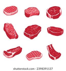 A set of raw fresh meat pieces for steaks, vector illustration.