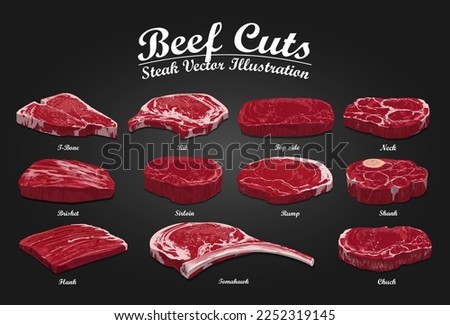 Set of Raw fresh meat steak on black background. Template for meat business - shop, market, restaurant or design - banner, sticker, menu vector illustration.