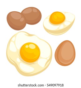 Está decorado con huevos de pollo crudos, fritos y hervidos. Alimentos saludables para el desayuno: proteína natural y yema. Se cortan a medias y huevos enteros. Ilustración vectorial al estilo de las caricaturas, aislada en fondo blanco.
