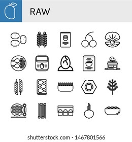 Set of raw icons such as Mango, Potato, Brussels sprouts, Nuts, Cherry, Oyster, Chicken leg, Corn, Eggs, Butcher shop, Peas, Minced meat, Nut, Dill, Sushi roll, Onion, Egg carton , raw