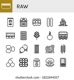 Set of raw icons. Such as Minced meat, Nuts, Chicken leg, Egg, Cucumber, Butcher shop, Egg carton, Dill, Onion, Eggs, Potato, Arepas, Svg, Peas, Cherry, Potatoes, Oyster , raw icons