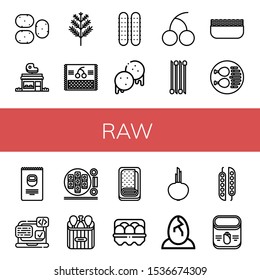 Set of raw icons. Such as Potato, Butcher shop, Dill, Cherry, Cucumber, Arepas, Onion, Minced meat, Chicken leg, Nuts, Svg, Sushi roll, Meatloaf, Egg, Eggs, Peas, Corn , raw icons