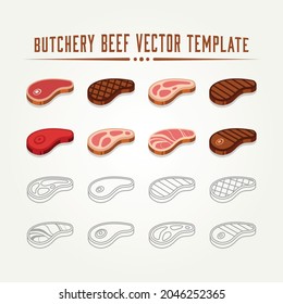 Set von rohem Fleisch Rindfleisch minimalistisch flach und Linie Art Logo Symbol Vektorgrafik Design. Logo des einfachen Barbecue- oder Metzgergeschäfts