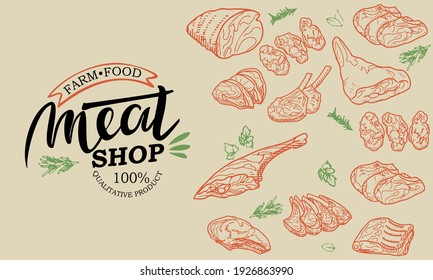 Eine Reihe von rohem Fleisch. Rindfleisch, Schweinefleisch, Lamm. Vektorgrafik im Stil einer Skizze. Eine Broschüre, ein Banner oder ein Flieger eines Fleischerladens oder -lagers.