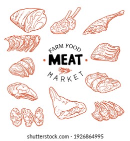 A set of raw meat. Beef, pork, lamb. Vector illustration in the style of a sketch. A booklet, banner, or flyer of a butcher shop or store.