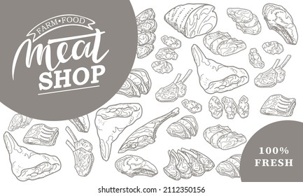 Un conjunto de carne cruda. Carne, cerdo, cordero. Ilustración vectorial al estilo de un esbozo. Un folleto, una pancarta o un volante de una carnicería o tienda.