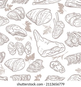 A set of raw meat. Beef, pork, lamb. Seamless pattern of raw meat in vintage engraving style. Packaging, design of a butcher shop or store.