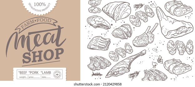 A set of raw meat. Beef, pork, lamb. Vector illustration in the style of a sketch. A booklet, banner, or flyer of a butcher shop or store.