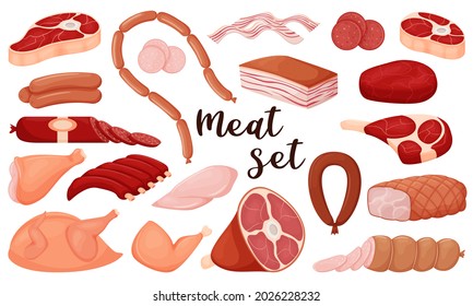 A set of raw meat food. Meat, chicken, lard, sausages. A collection of decorative elements in a flat cartoon style. Vector illustration isolated on a white background