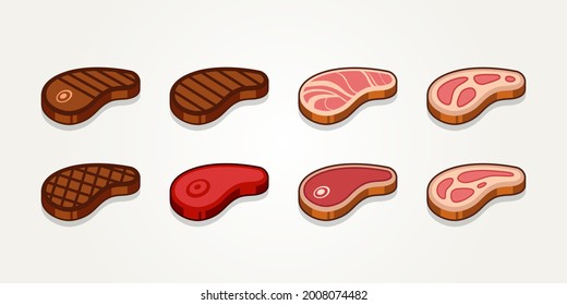 Set von rohem Fleisch und gegrilltem Rindsteak flache Vektorsymbole mit Umriss-Design-Vorlage. Logo-Inspiration für einfaches Barbecue oder Metzgerei-Bundle-Logo