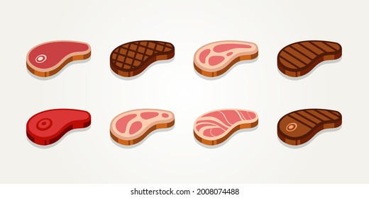 set of raw meat and grilled beef steak flat vector icons illustration design template. simple barbecue or butcher shop bundle icon logo concept inspiration