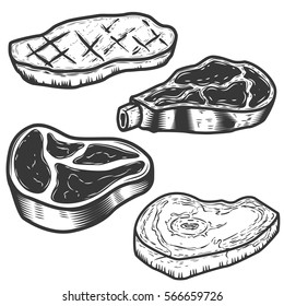 Set of raw meat and grilled meat illustrations isolated on white background. Design elements for restaurant menu, poster, emblem, sign. Vector illustration.