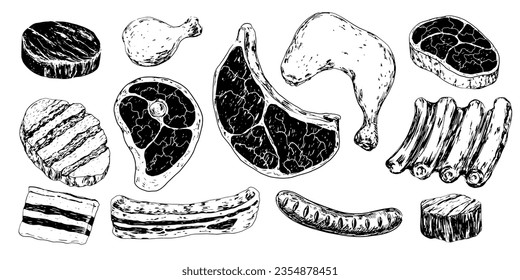 Conjunto de carne cruda. Carne estilo boceto. Carne de buey T-Bone dibujada a mano, pierna de pollo, costillas de cordero, jamón de cerdo, salo, salchicha. Medallón de carne. Grabado vintage. Producto de la tienda de carnicería. Recogida con alimentos cárnicos
