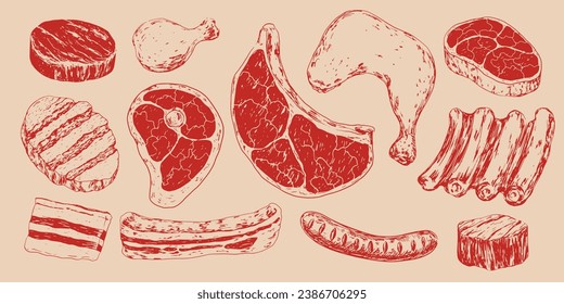 Set rohes Fleisch. Sketch-Steak. Handgezeichnetes Rindfleisch-Steak, Hühnerbein, Lammrippen, Schweineschinken, Salo, Wurst. Rindfleisch-Medaillon. Vintage-Gravur. Metzgerei Sammlung mit Fleischnahrung