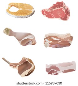Set of raw meats, beef, chicken, lamb chop, pork and salmon fish fillet ingredient icon collection set for butcher or supermarket store, create by vector