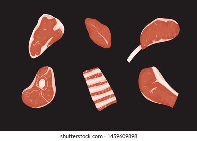 Set of raw meats cuts. Vector Illustration. Black background.