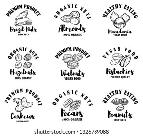Set of raw nuts labels. Design element for logo, label, sign. Vector illustration
