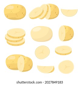 Un conjunto de patatas crudas sobre fondo blanco. Verdura entera y rebanada.