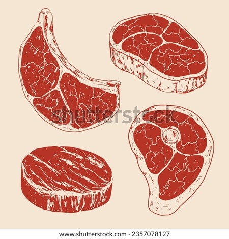 Set of raw red meat. Sketch style steak. Hand drawn T-Bone, Ribeye beef steak. Beef medallion. Vintage engraving. Butcher shop product. Collection with meat food. Steaks for menu, butcher shop