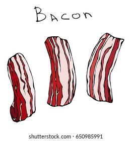 Set of Raw Sliced Bacon. Fresh Meat Cuts. Realistic Vector Illustration Isolated Hand Drawn Doodle or Cartoon Style Sketch.