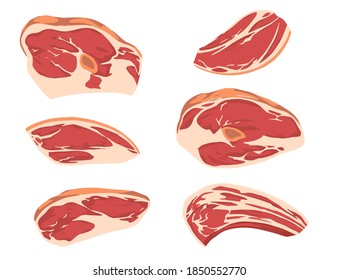 Set of raw sliced meat steak fresh meat for bbq flat vector illustration isolated on white background