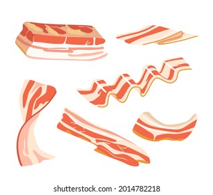 Set Of Raw Or Smoked Bacon Strips, Thin Fatty Slices Of Pork Rashers, Meat Delicious Food Isolated On White Background. Brisket Or Ham Snacks, Design Elements. Cartoon Vector Illustration, Clipart