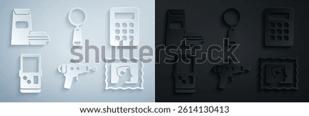 Set Ray gun, Calculator, Tetris, Postal stamp, Magnifying glass and Burger icon. Vector