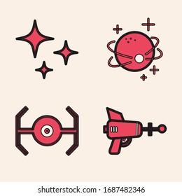 Set Ray gun, Falling star, Planet and Cosmic ship icon. Vector