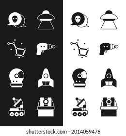 Set Ray gun, Great Bear constellation, Alien, UFO flying spaceship, Astronaut helmet, Rocket, Astronomical observatory and Mars rover icon. Vector