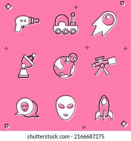 Set Ray gun, Mars rover, Comet falling down fast, Satellite dish, Earth globe, Telescope, Alien and  icon. Vector