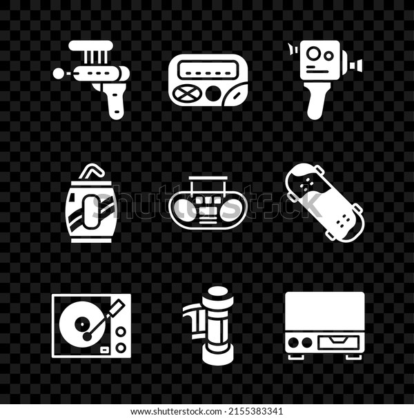 Set Ray gun, Pager, Retro\
cinema camera, Vinyl player, Camera roll cartridge, Old video\
cassette, Soda can with straw and Home stereo two speakers icon.\
Vector