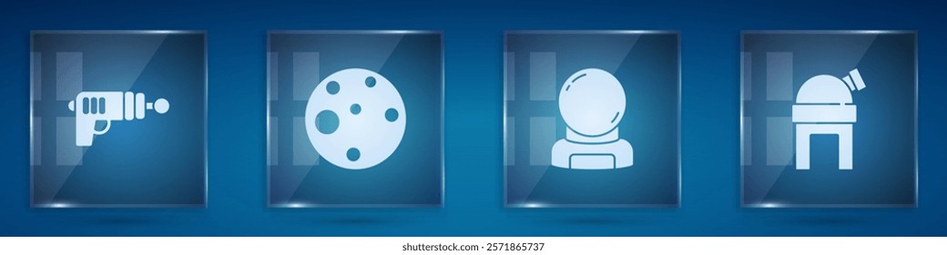 Set Ray gun, Planet Mars, Astronaut helmet and Astronomical observatory. Square glass panels. Vector