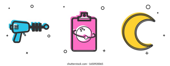 Set Ray gun, Planet and Moon and stars icon. Vector