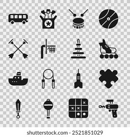 Set Ray gun, Puzzle stücke Spielzeug, Rollschuh, Trommel mit Drum-Sticks, Basketball-Backboard, Arrow Sauger Tipp, Bus und Pyramid Icon. Vektorgrafik