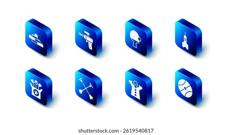 Set Ray gun, Racket and ball, Dart arrow, Basketball, Toy puppet doll on hand, Arrow with sucker tip, Jack in the box toy and building block bricks icon. Vector