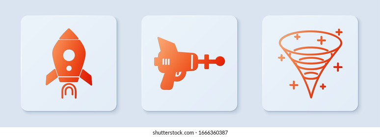 Ponga pistola Ray, barco Rocket con fuego y agujero negro. Botón cuadrado blanco. Vector