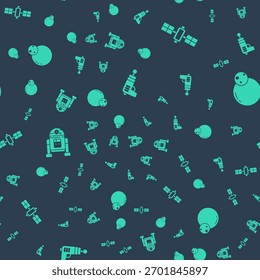 Set Ray gun, Satellite, Robot and Planet on seamless pattern. Vector