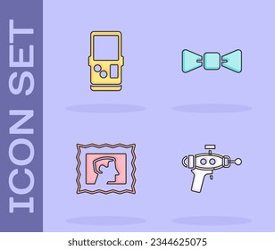 Establece el arma Ray, el tetris, el sello postal y el icono de la corbata Bow. Vector