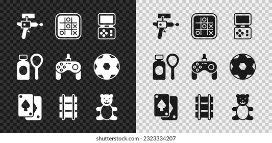 Set Ray gun, Tic tac toe game, Tetris electronic, Playing cards, Toy railway, Teddy bear plush toy, Soap bubbles bottle and Gamepad icon. Vector